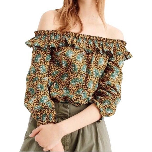 J Crew Off The Shoulder Elephant Print Ruffle Top Womens Size 00 Yellow Green